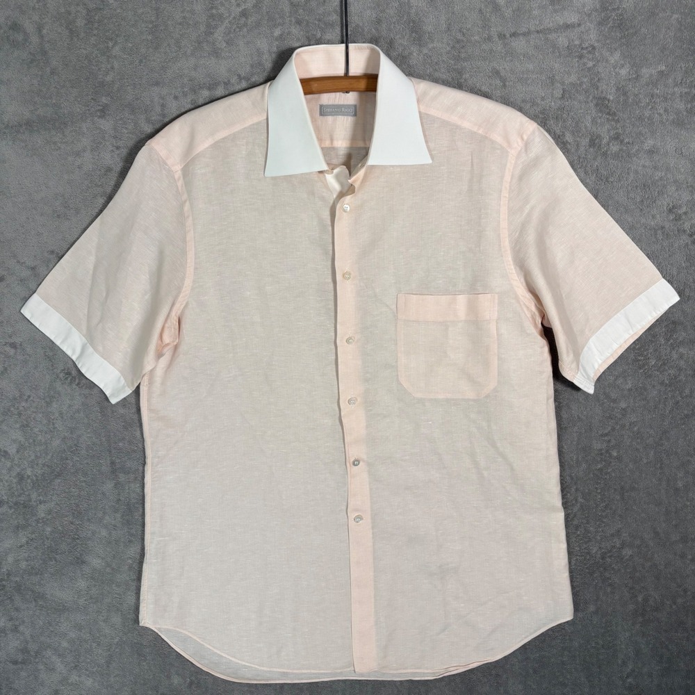 Stefano Ricci Mens Linen Cotton Short Sleeve Shirt Peach Stripe Italy Large